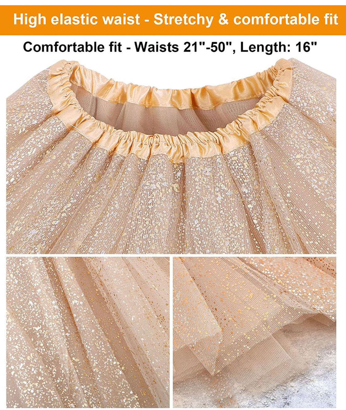 One Size Classic Elastic Purple and Golden Sequin 3 Layered Tulle Running Tutu Skirt